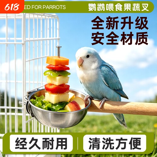 鹦鹉不锈钢水果叉碗食盆易清洗插蔬菜喂食器虎皮牡丹通用加厚防啃