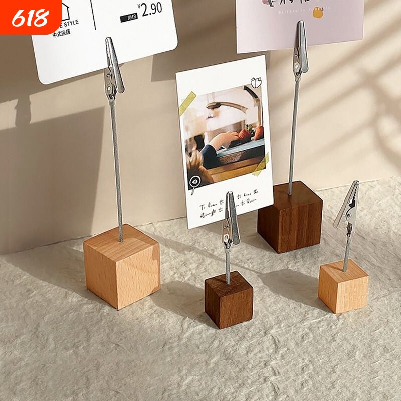 实木质便签夹子标签展示牌照片夹桌面立牌底座留言支架卡片摆件立式架座简约创意日历ins榉木黑胡桃酒店原木