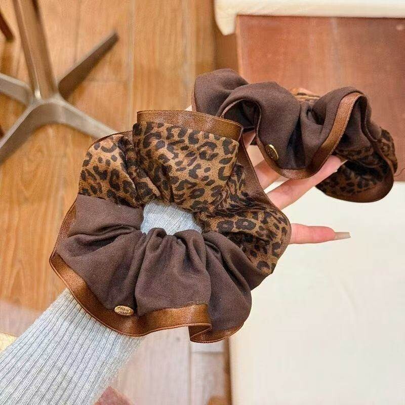 复古豹纹布艺大肠发圈丸子头拼接咖色高级感时尚百搭女头饰