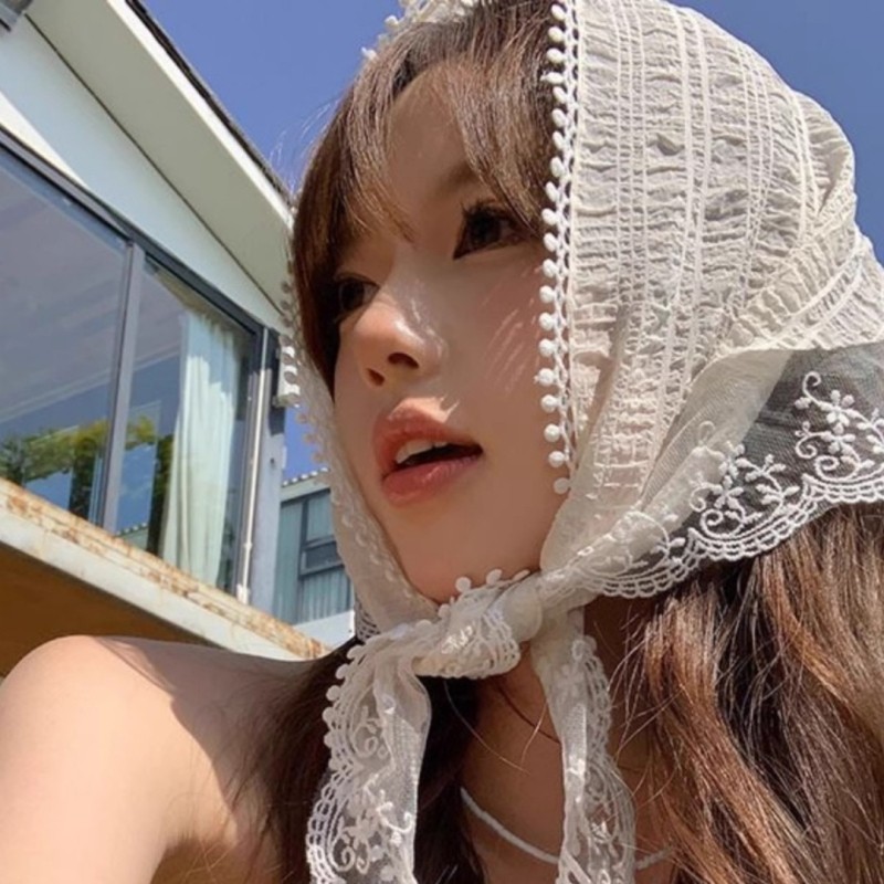 法式田园风头巾白色蕾丝三角巾头巾发带法式包头时尚拍照网红花朵