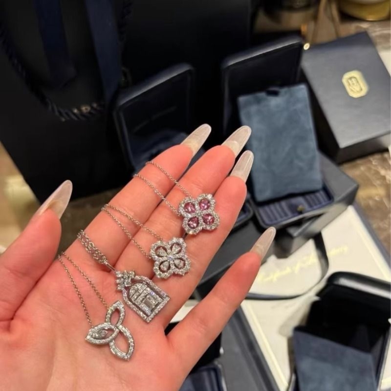 loop花型四叶草项链女925纯银莫桑钻幸福之门锁骨链满钻耳钉耳环