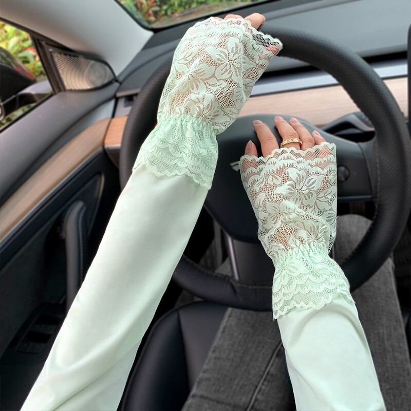 蕾丝袖套长款手臂套开车夏季防晒手套夏天冰丝薄款女防紫外线透气