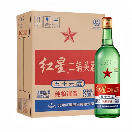 北京红星二锅头纯粮清香 56度 750ml 6瓶 绿瓶大二固态发酵