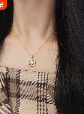 s925纯银罗盘太阳花项链女法式轻奢风镶钻锁骨链黄金同款送礼物
