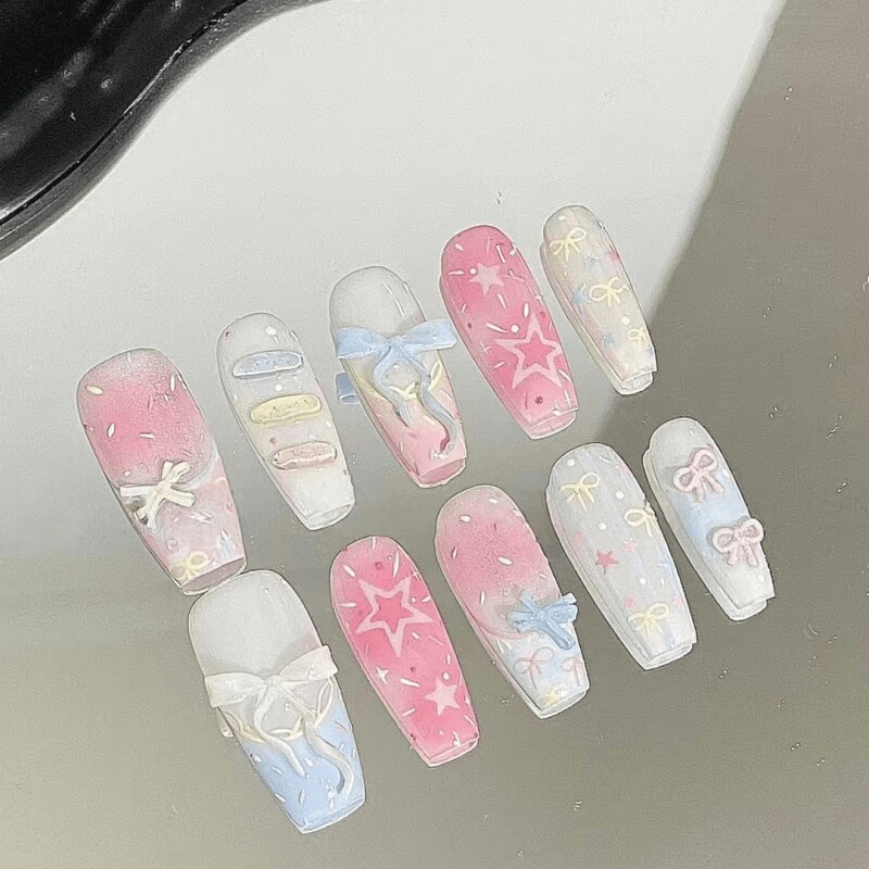 甜甜糖糕手工美甲穿戴甲彩色多巴胺蝴蝶结蕾丝指甲温柔显白美甲