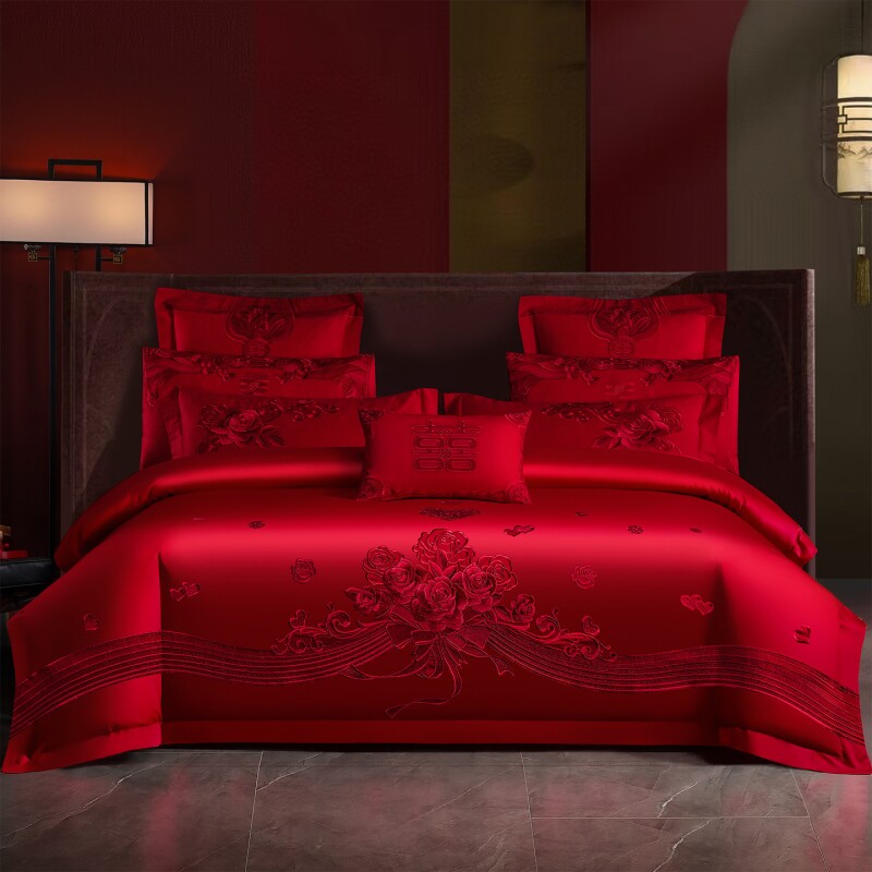 高档婚庆四件套大红龙凤刺绣新婚嫁礼房结婚床上用品喜庆被单床笠