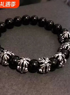 伢克迪/ 街拍手链时尚百搭潮款十字天然黑石头男女串手链情侣学生