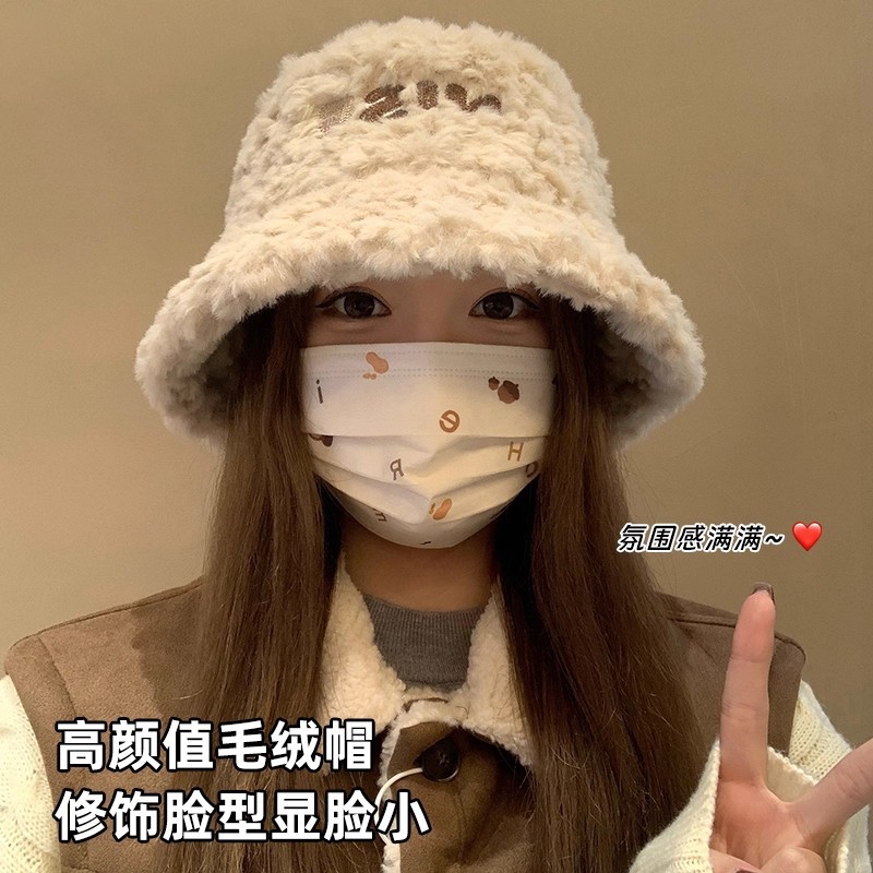 毛绒渔夫帽女秋冬季大头围显脸小帽子保暖加绒盆帽2025新款
