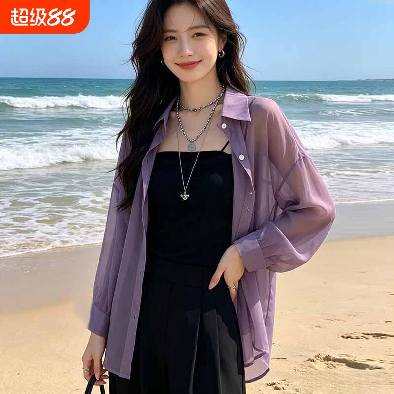 白色衬衫女夏季2026新款雪纺长袖宽松罩衫薄纱衬衣薄款防晒服外套