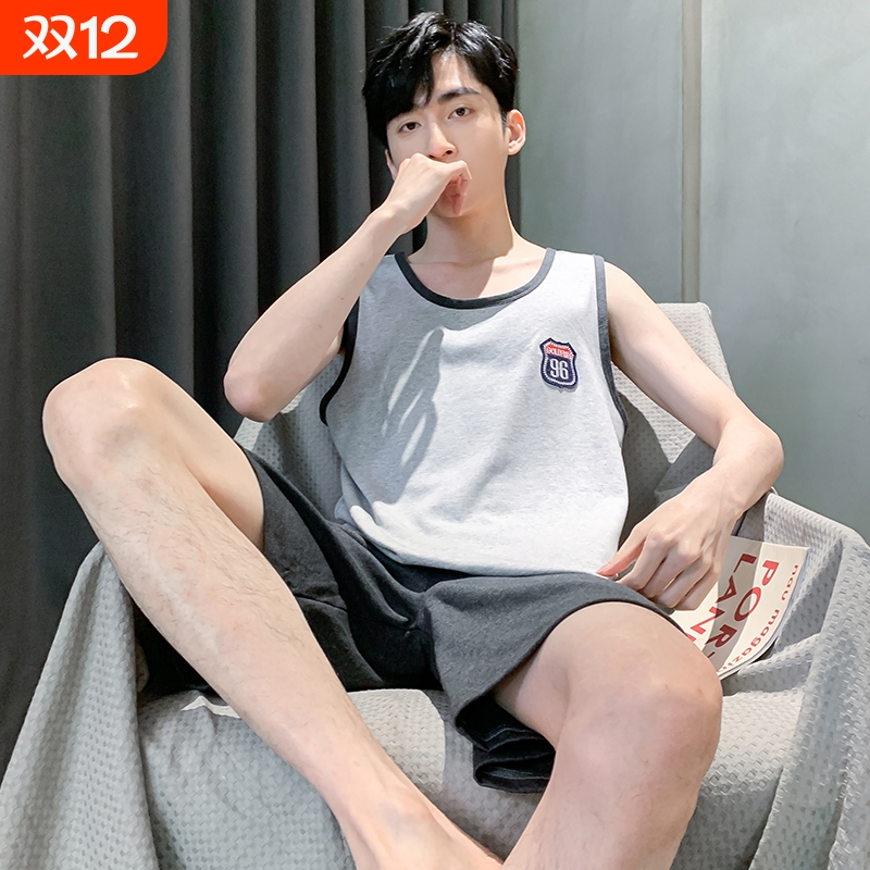 夏季薄款背心短裤睡衣男宽松休闲家居服中年男士大码无袖套装纯棉