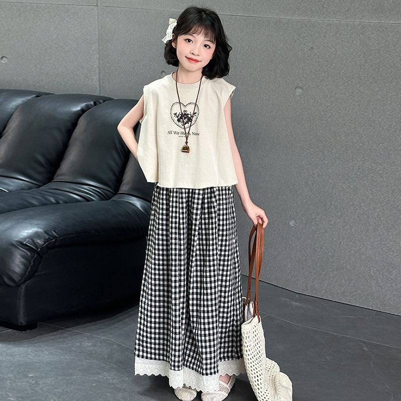 女童夏休闲套装2025新款纯棉上衣洋气格子裤两件套时尚衣服潮薄款