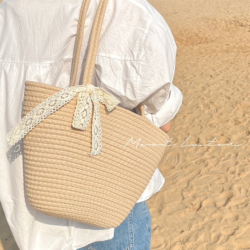 草编包女大容量蝴蝶结海边度假菜篮子水桶沙滩包单肩大包编织包