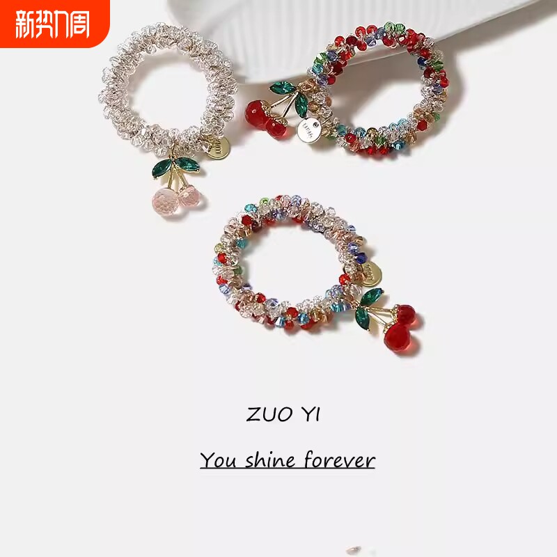 2026女生樱桃气质女款水晶水钻发圈电话线发绳两用扎马尾高级感