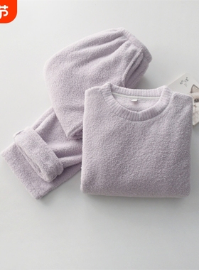 红豆珊瑚绒睡衣男女秋冬季法兰绒加厚保暖情侣家居服套装加绒紫色