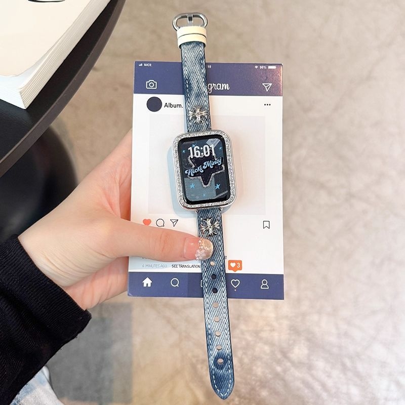 复古克罗星适用华为手环10/9表带扎染8高颜值实际在ins风牛仔布朋克百搭荣耀10/9智能银色带钻壳运动配件