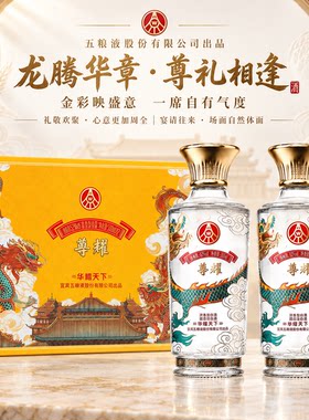 五粮液股份公司出品尊耀52度浓香型纯粮食白酒双支礼盒装送礼宴请