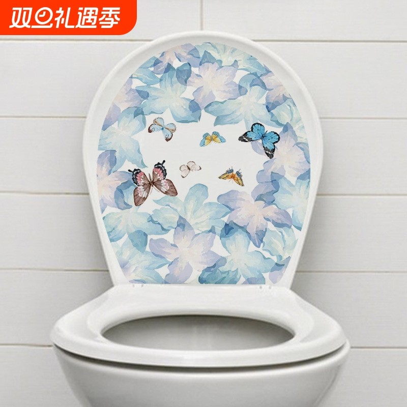 MT34024蓝色花朵家用马桶盖贴纸厕所卫生间装饰防水墙贴浴室贴