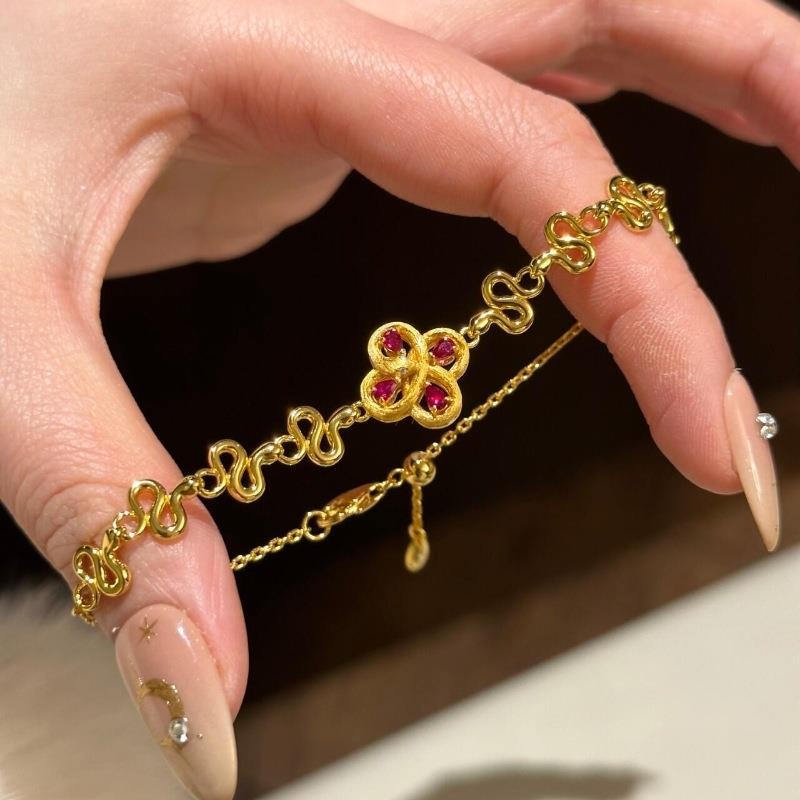 925法式复古金银色拉丝小花红宝石镶钻灵蛇缠绕手链项链气质饰品