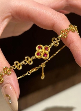 925法式复古金银色拉丝小花红宝石镶钻灵蛇缠绕手链项链气质饰品