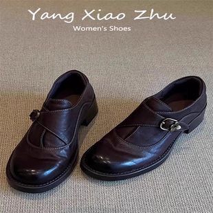 行走的舒适英伦风厚底小皮鞋女皮带扣一脚蹬单鞋粗跟乐福鞋4cm