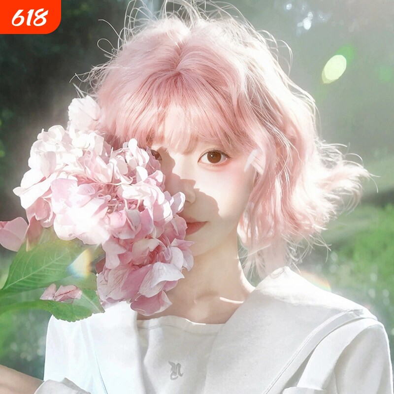 粉色假发女短发Lolita时尚新款短卷发甜美可爱蓬松羊毛卷全头套式
