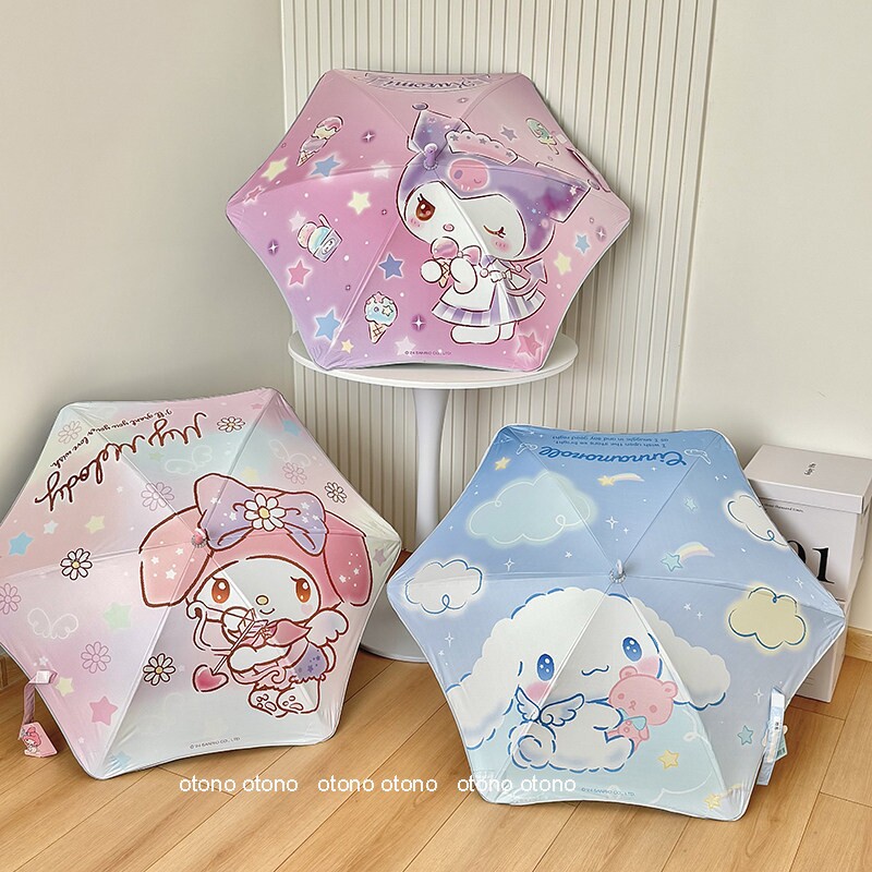 正版三丽鸥儿童长柄雨伞 圆角反光条晴雨两用防戳滚轮太阳伞