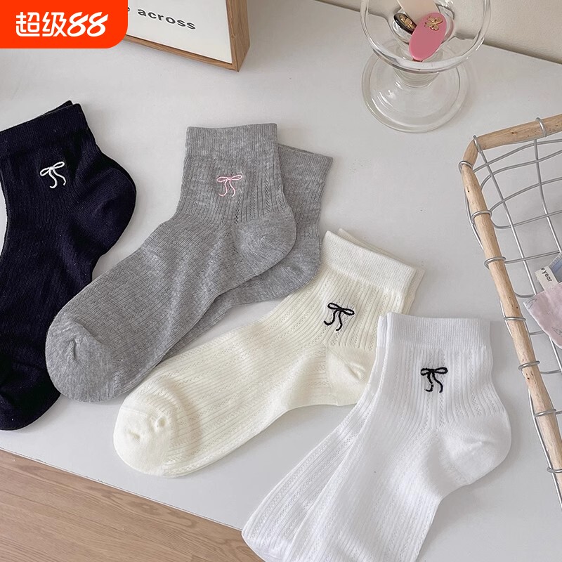 蝴蝶结袜子女款夏季薄款纯棉防臭短袜夏天网眼吸汗透气无骨中筒袜