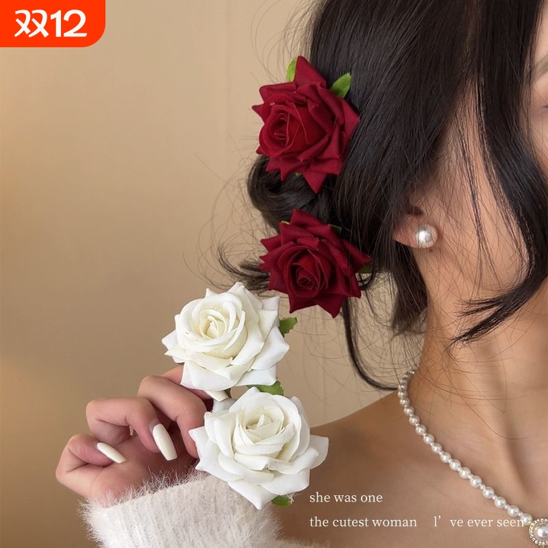 田曦薇同款红色玫瑰花发夹法式复古花朵发卡侧边鸭嘴夹头饰发饰女