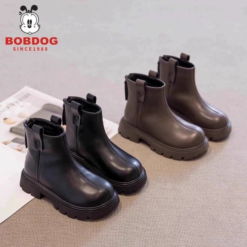 巴布豆真皮女童靴子短靴2025新款秋冬儿童时尚百搭宝宝加绒马丁靴