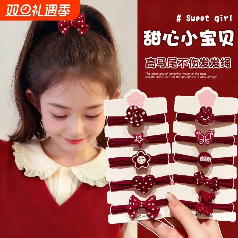 儿童高马尾发绳女童宝宝扎头发皮筋不伤发高弹力头绳新年红色发圈