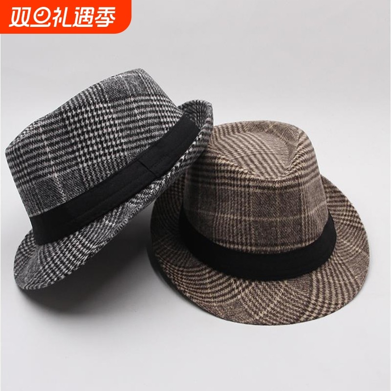 帽子男秋冬季英伦复古格纹爵士帽中老年时尚千鸟格礼帽户外遮阳帽