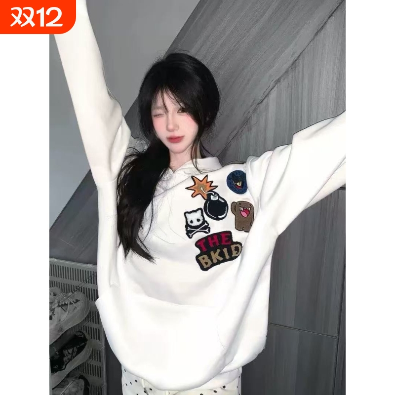 美式复古高街趣味植绒刺绣连帽卫衣男女春季款情侣宽松休闲外套潮