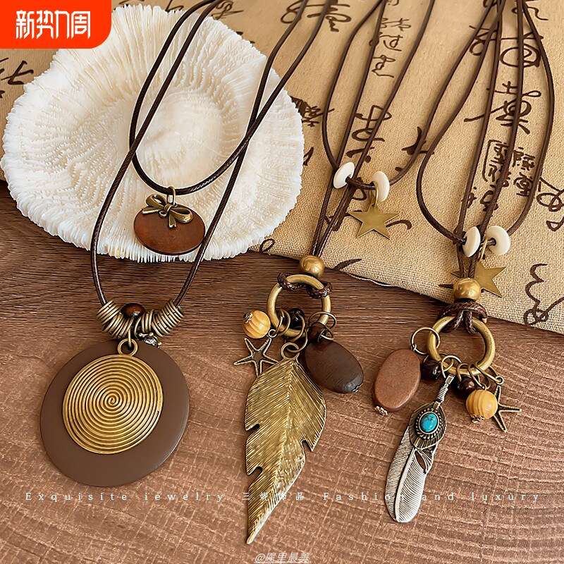 新中式禅意古铜羽毛项链女波西米亚民族风双层叠戴长款毛衣链配饰