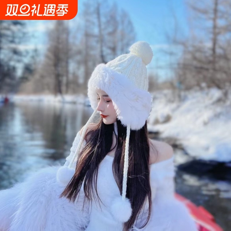 明星同款兔毛针织雷锋帽女冬加绒加厚保暖甜美可爱包头毛线帽白色