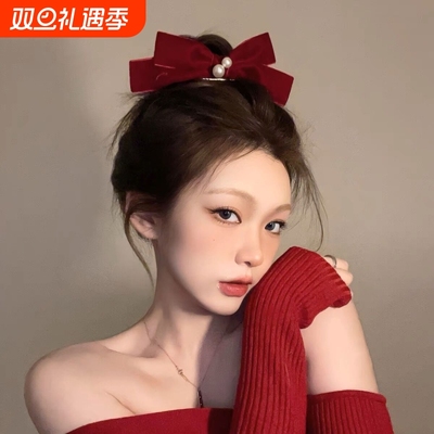 过年头饰红色蝴蝶结丝绒发卡发饰女新年圣诞节新娘敬酒服结婚发夹