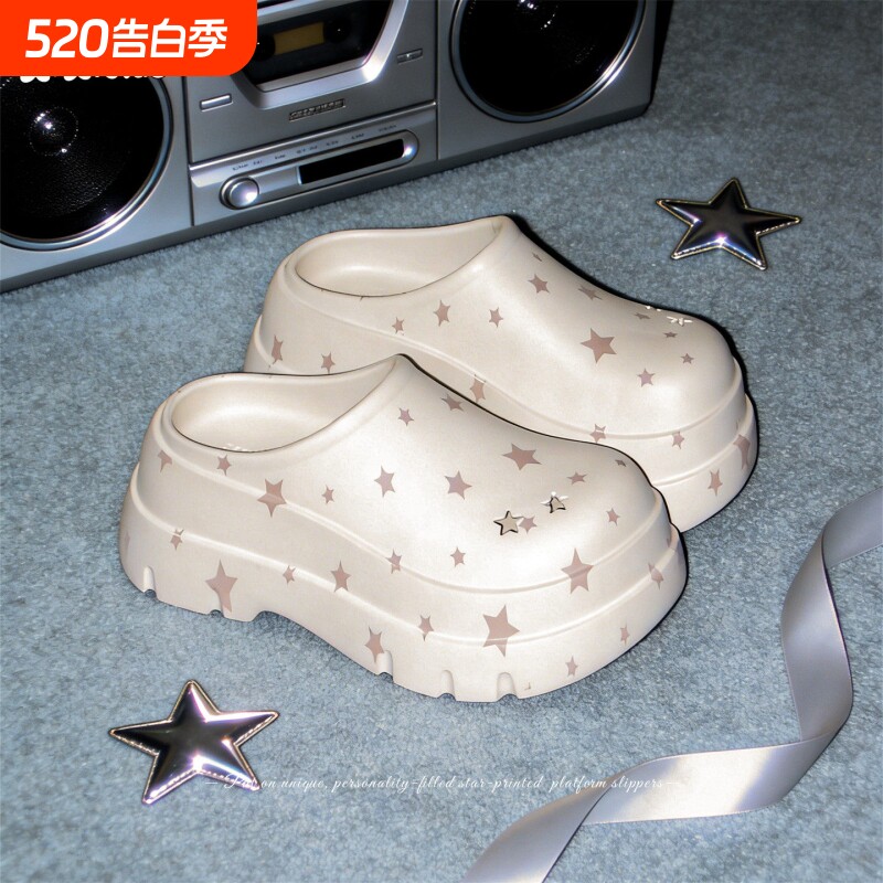 细细条星星厨师鞋女夏外穿包头凉拖防滑足弓厚底洞洞鞋支撑黑色