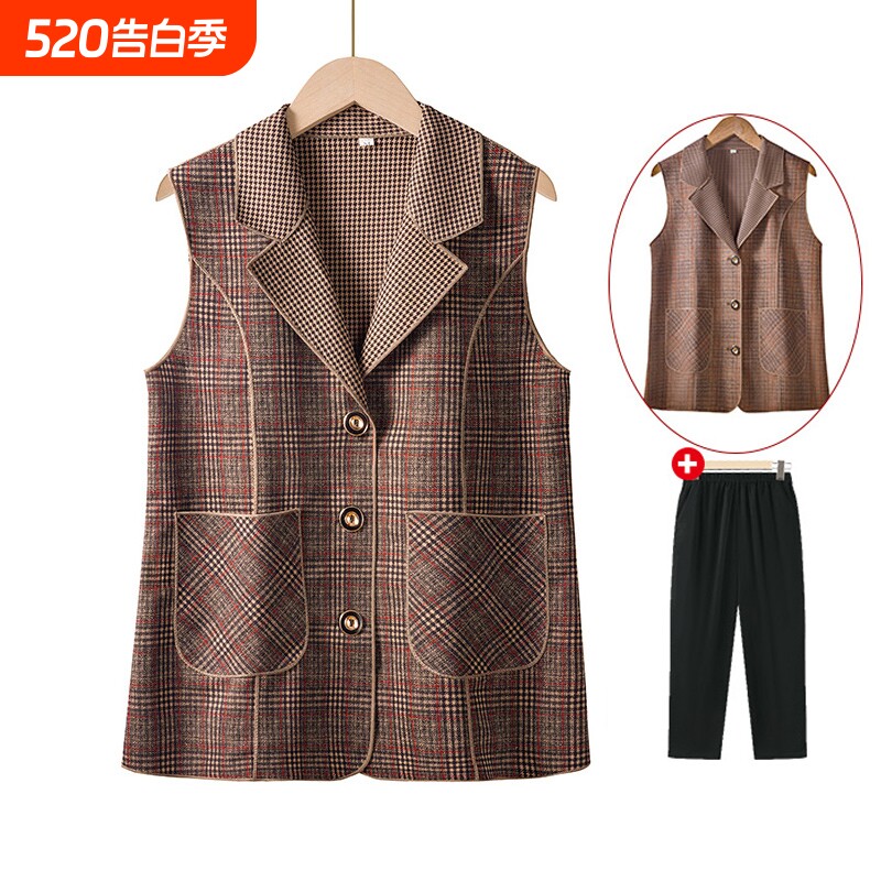 妈妈格子春秋马甲外套女中老年人奶奶马夹老人太太薄款休闲上衣服