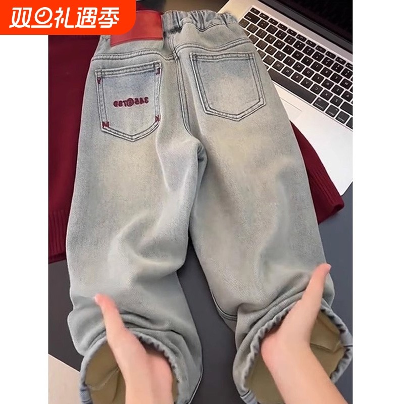 女童裤子冬季加绒加厚牛仔长裤