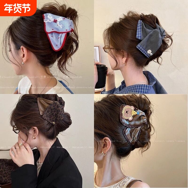 复古皮质豹纹卡通蕾丝格纹三角抓夹新款高级百搭后脑勺鲨鱼夹头饰