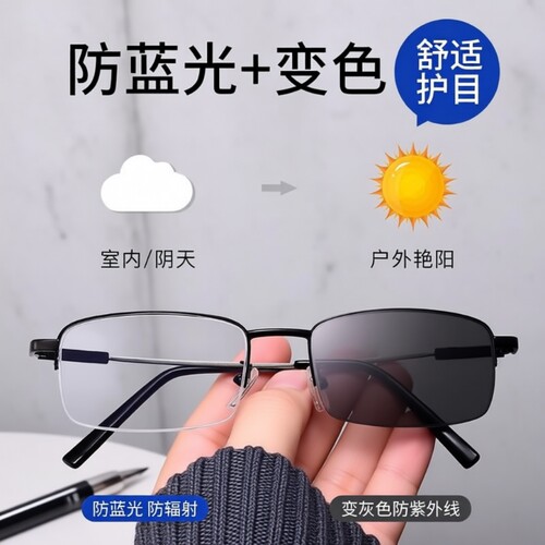 防蓝光近视眼镜男款自动感光变色平光镜眼睛护目镜防辐射半框镜框