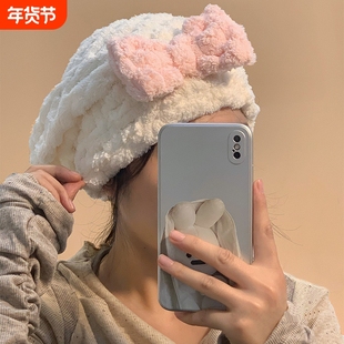 干发帽可爱包头巾擦头新款云朵格吸水速干蝴蝶结加厚套头浴帽成人