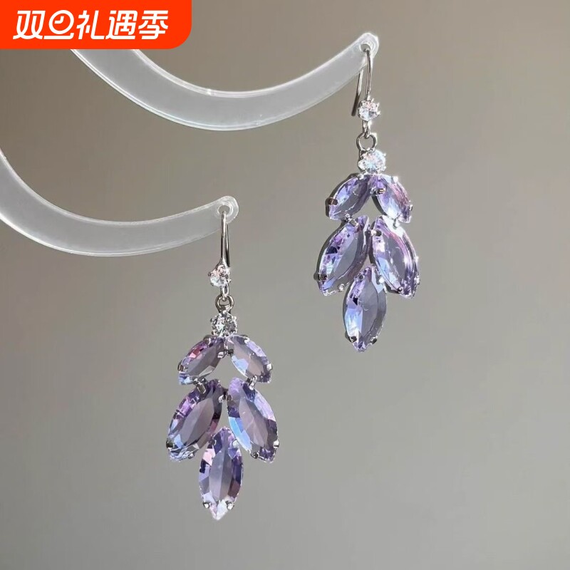 法式紫色麦穗树叶耳环2025新高级感气质百搭耳钩流苏小众温柔耳饰