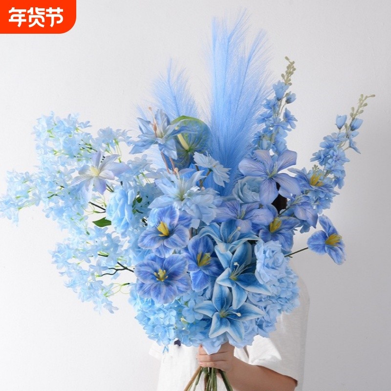 婚庆蓝色仿真花花艺场景布置路引花材婚礼堂假花绢花吊顶装饰花