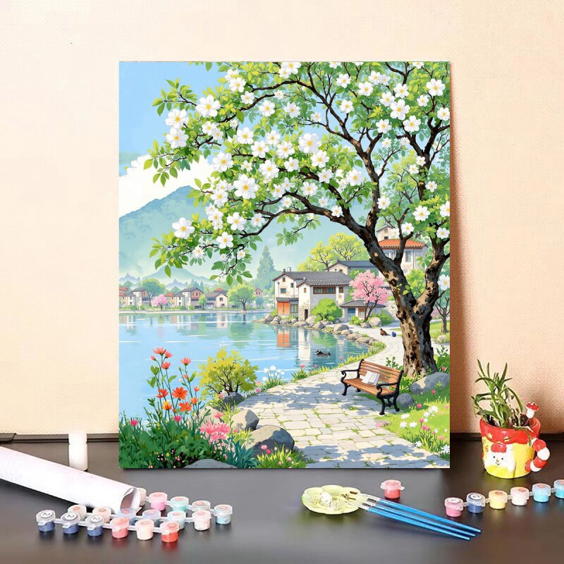 治愈系风景数字油画diy填充填色手工绘国风丙烯油彩画装饰画