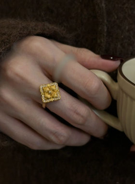 小红书同款中古vintage金色镶嵌锆石戒指女轻奢高级感手饰可调节