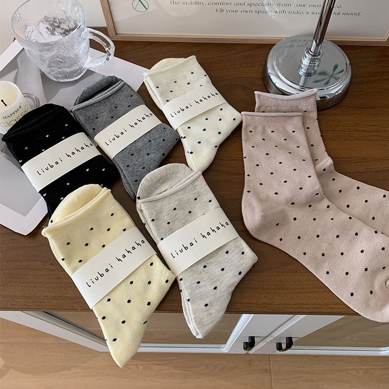 卷边波点袜子女士中筒袜春秋款透气百搭ins堆堆袜黑色白色简约