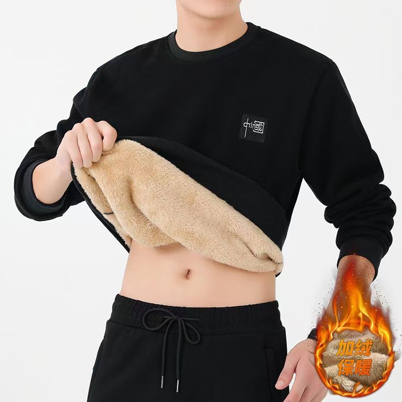 2025羊羔绒保暖内衣加绒加厚男士圆领发热秋衣百搭男装冬季外穿