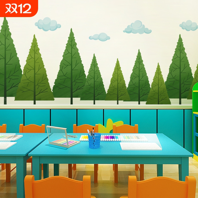 卉之彩CH39065白云绿树幼儿园教室背景装饰森林贴画卧室床头自粘