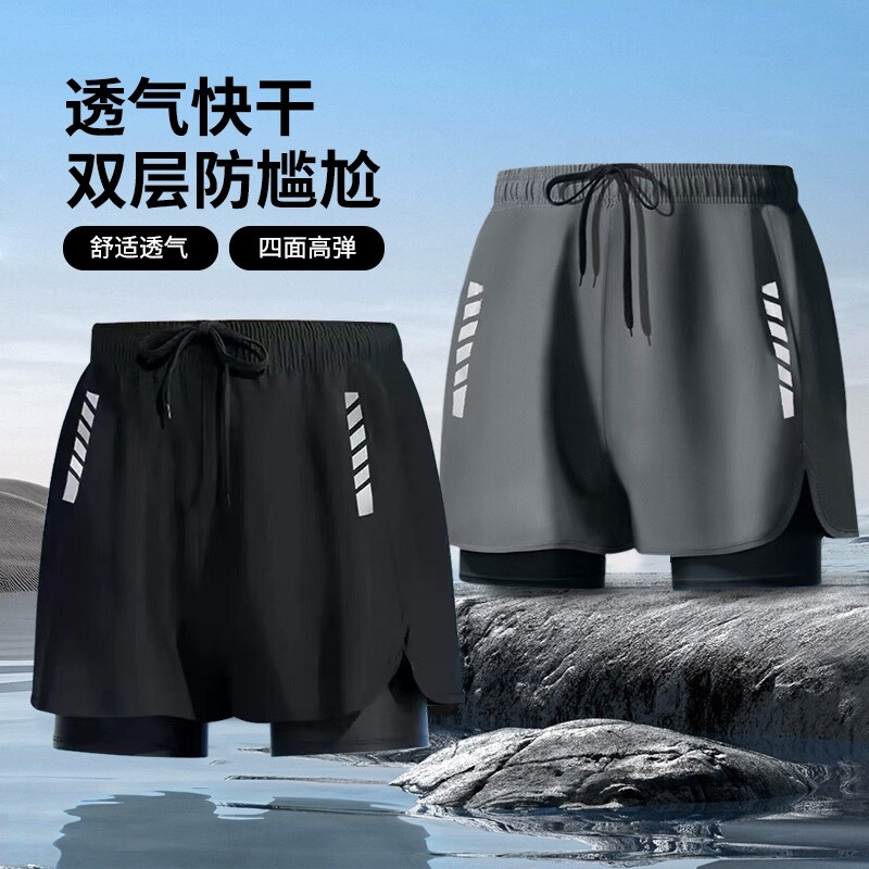 男士泳裤双层宽松大码防尴尬高弹速干泡温泉海边沙滩专用泳装平角