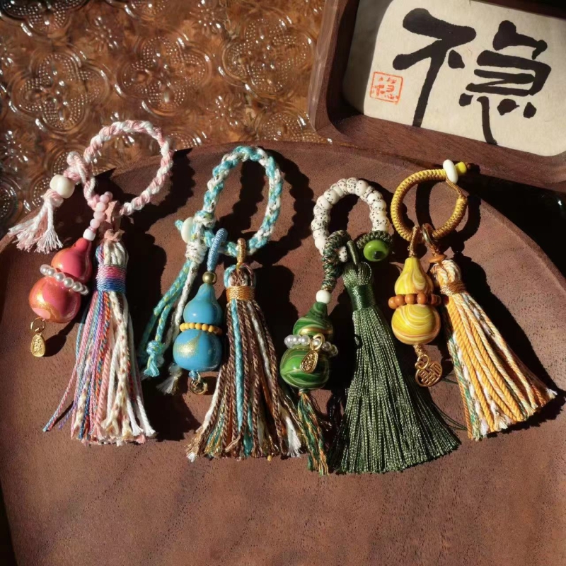 原创女手工编织配饰粉色大漆葫芦提溜挂件